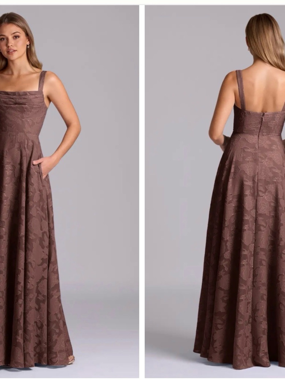 Azazie Espresso Pleated Floral Burnout Maxi Dress